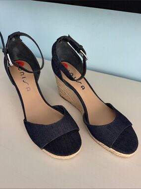 WEEKEND CLOSET CLEARANCE UNISA Navy Denim Wedge Sandals with Ankle Strap Size 9.
